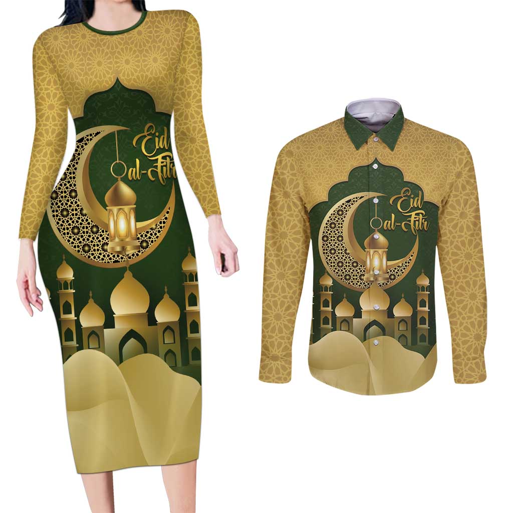 Eid al-Fitr Couples Matching Long Sleeve Bodycon Dress and Long Sleeve Button Shirt Khair Mubarak Islamic Pattern