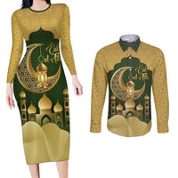 Eid al-Fitr Couples Matching Long Sleeve Bodycon Dress and Long Sleeve Button Shirt Khair Mubarak Islamic Pattern