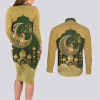 Eid al-Fitr Couples Matching Long Sleeve Bodycon Dress and Long Sleeve Button Shirt Khair Mubarak Islamic Pattern