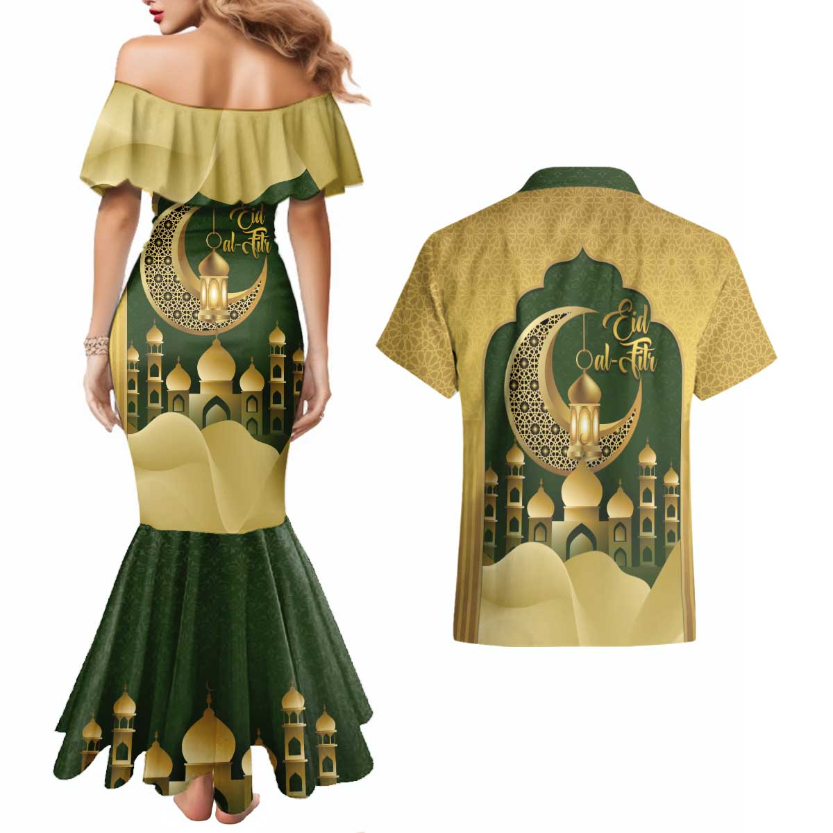 Eid al-Fitr Couples Matching Mermaid Dress and Hawaiian Shirt Khair Mubarak Islamic Pattern