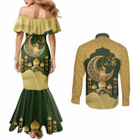 Eid al-Fitr Couples Matching Mermaid Dress and Long Sleeve Button Shirt Khair Mubarak Islamic Pattern