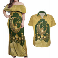 Eid al-Fitr Couples Matching Off Shoulder Maxi Dress and Hawaiian Shirt Khair Mubarak Islamic Pattern