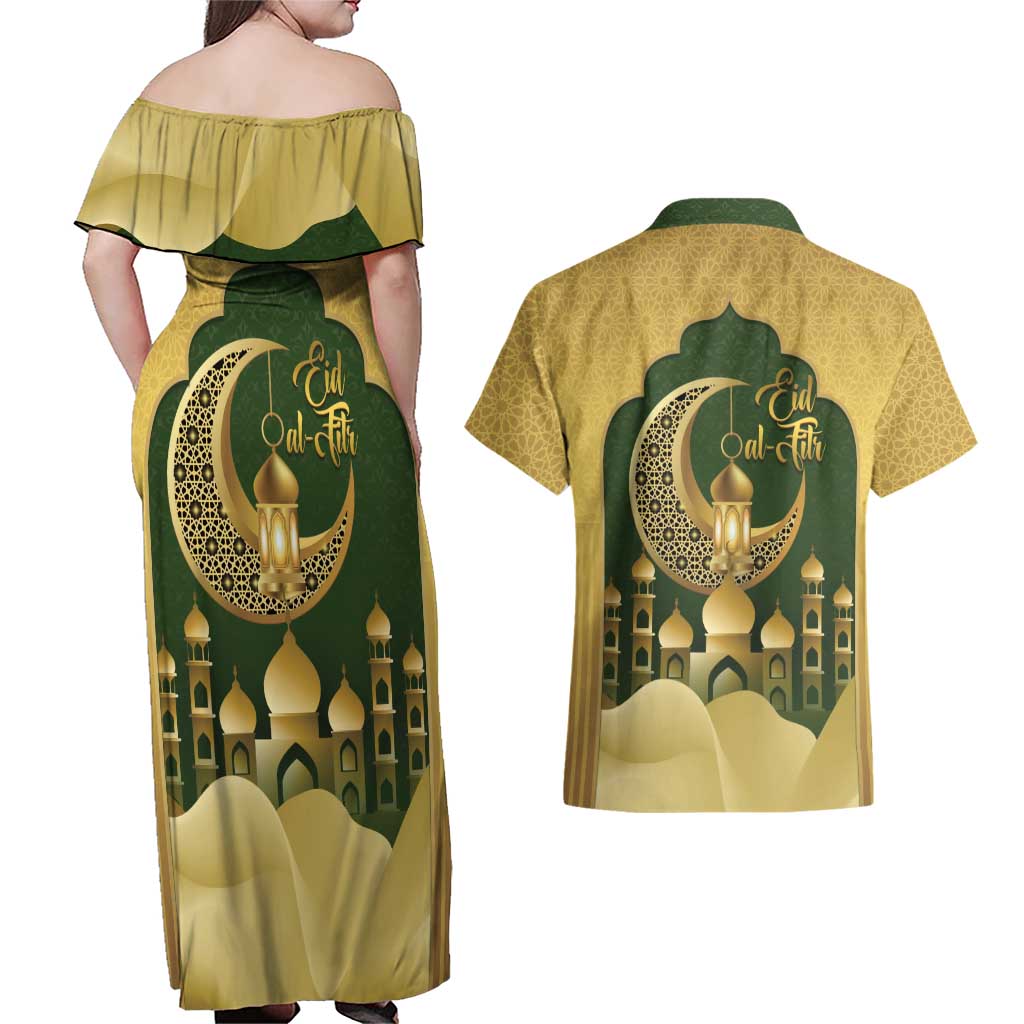 Eid al-Fitr Couples Matching Off Shoulder Maxi Dress and Hawaiian Shirt Khair Mubarak Islamic Pattern