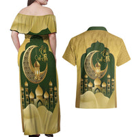Eid al-Fitr Couples Matching Off Shoulder Maxi Dress and Hawaiian Shirt Khair Mubarak Islamic Pattern
