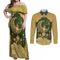 Eid al-Fitr Couples Matching Off Shoulder Maxi Dress and Long Sleeve Button Shirt Khair Mubarak Islamic Pattern