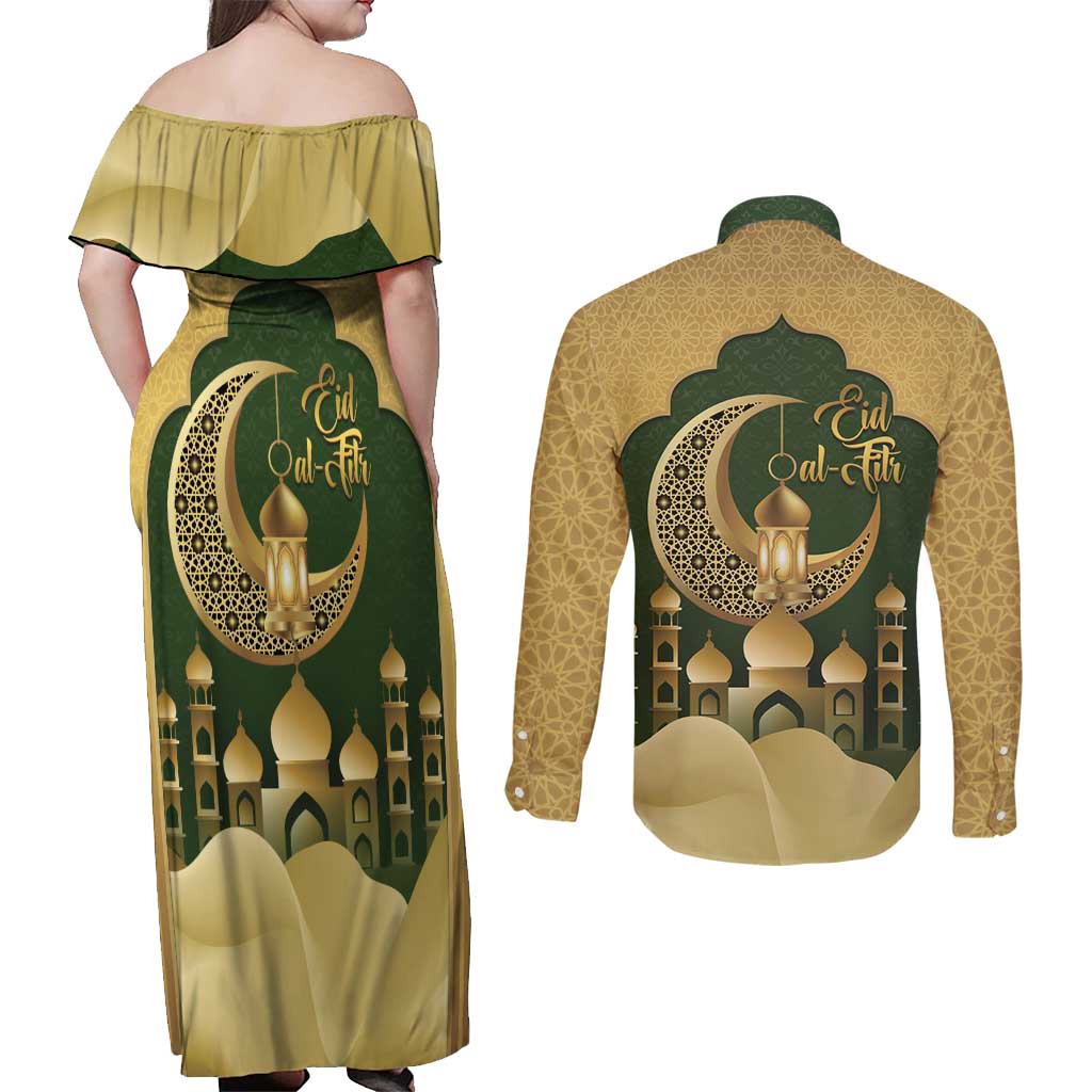 Eid al-Fitr Couples Matching Off Shoulder Maxi Dress and Long Sleeve Button Shirt Khair Mubarak Islamic Pattern