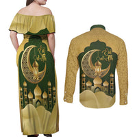 Eid al-Fitr Couples Matching Off Shoulder Maxi Dress and Long Sleeve Button Shirt Khair Mubarak Islamic Pattern