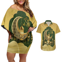 Eid al-Fitr Couples Matching Off Shoulder Short Dress and Hawaiian Shirt Khair Mubarak Islamic Pattern