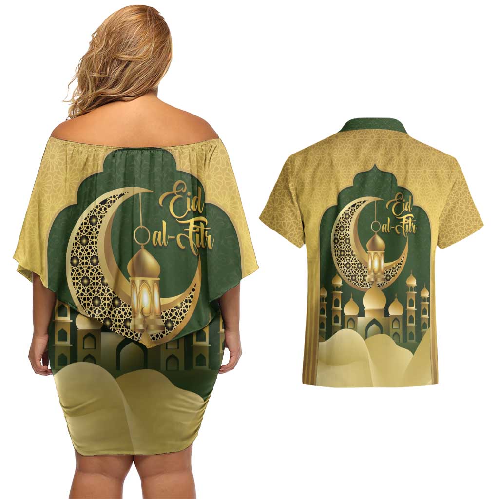 Eid al-Fitr Couples Matching Off Shoulder Short Dress and Hawaiian Shirt Khair Mubarak Islamic Pattern