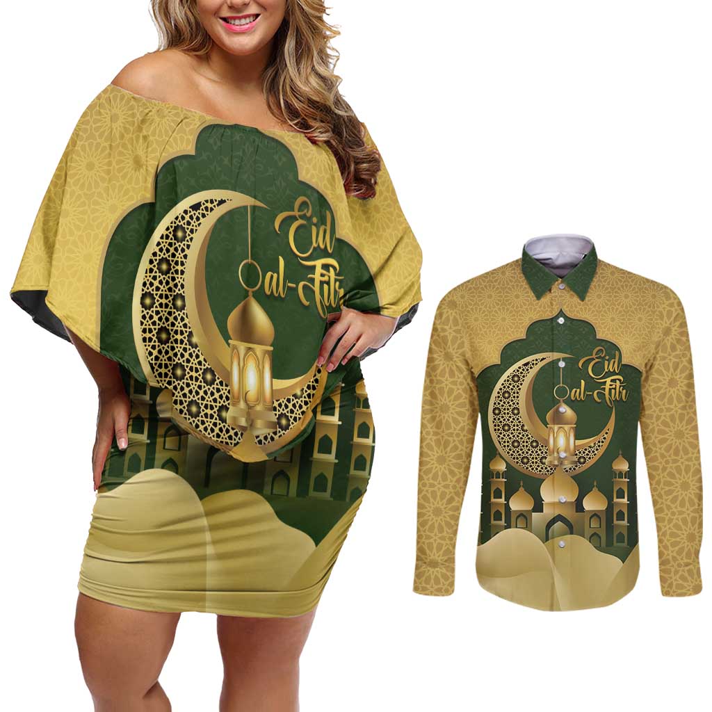 Eid al-Fitr Couples Matching Off Shoulder Short Dress and Long Sleeve Button Shirt Khair Mubarak Islamic Pattern