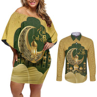 Eid al-Fitr Couples Matching Off Shoulder Short Dress and Long Sleeve Button Shirt Khair Mubarak Islamic Pattern