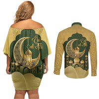 Eid al-Fitr Couples Matching Off Shoulder Short Dress and Long Sleeve Button Shirt Khair Mubarak Islamic Pattern