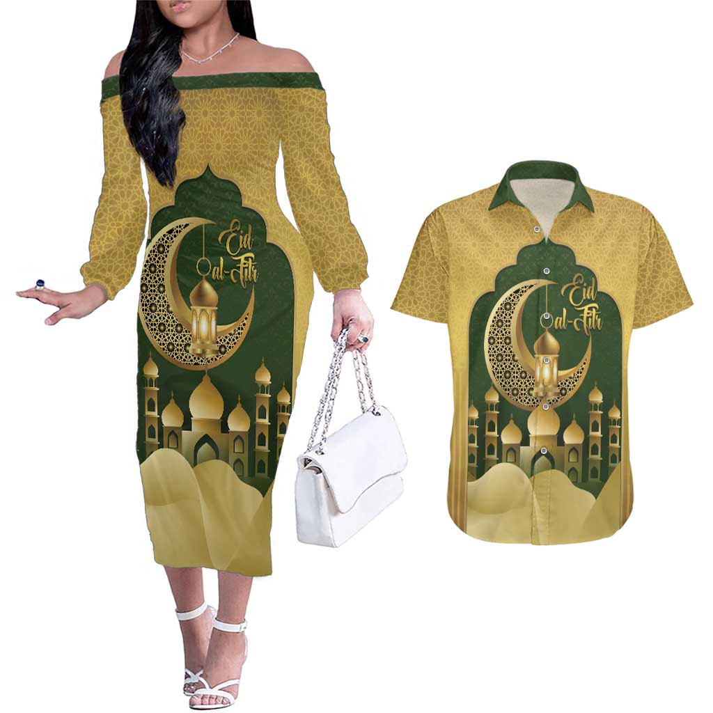 Eid al-Fitr Couples Matching Off The Shoulder Long Sleeve Dress and Hawaiian Shirt Khair Mubarak Islamic Pattern
