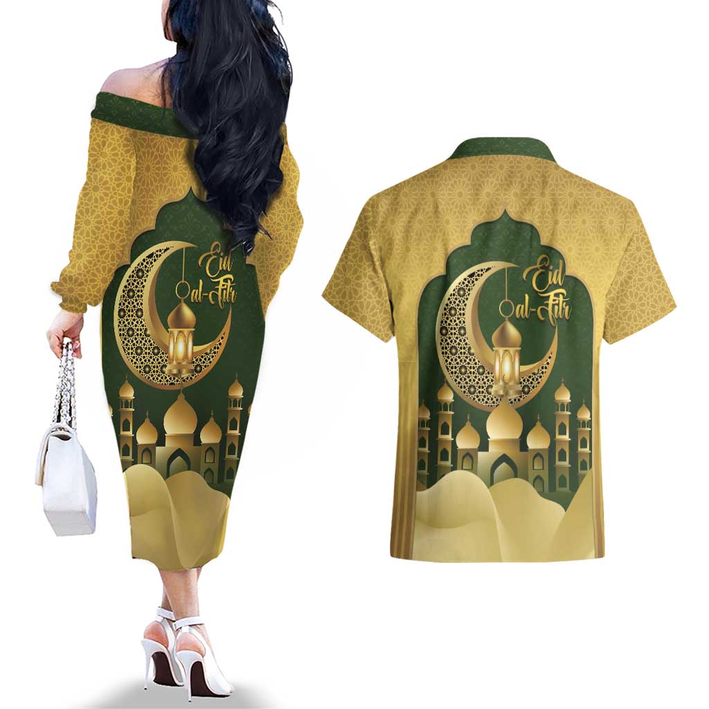 Eid al-Fitr Couples Matching Off The Shoulder Long Sleeve Dress and Hawaiian Shirt Khair Mubarak Islamic Pattern