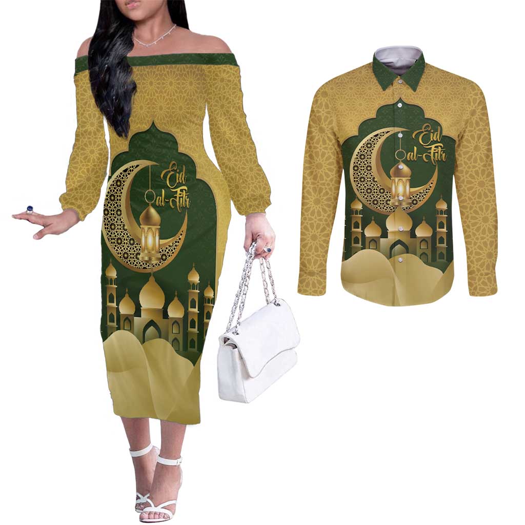 Eid al-Fitr Couples Matching Off The Shoulder Long Sleeve Dress and Long Sleeve Button Shirt Khair Mubarak Islamic Pattern