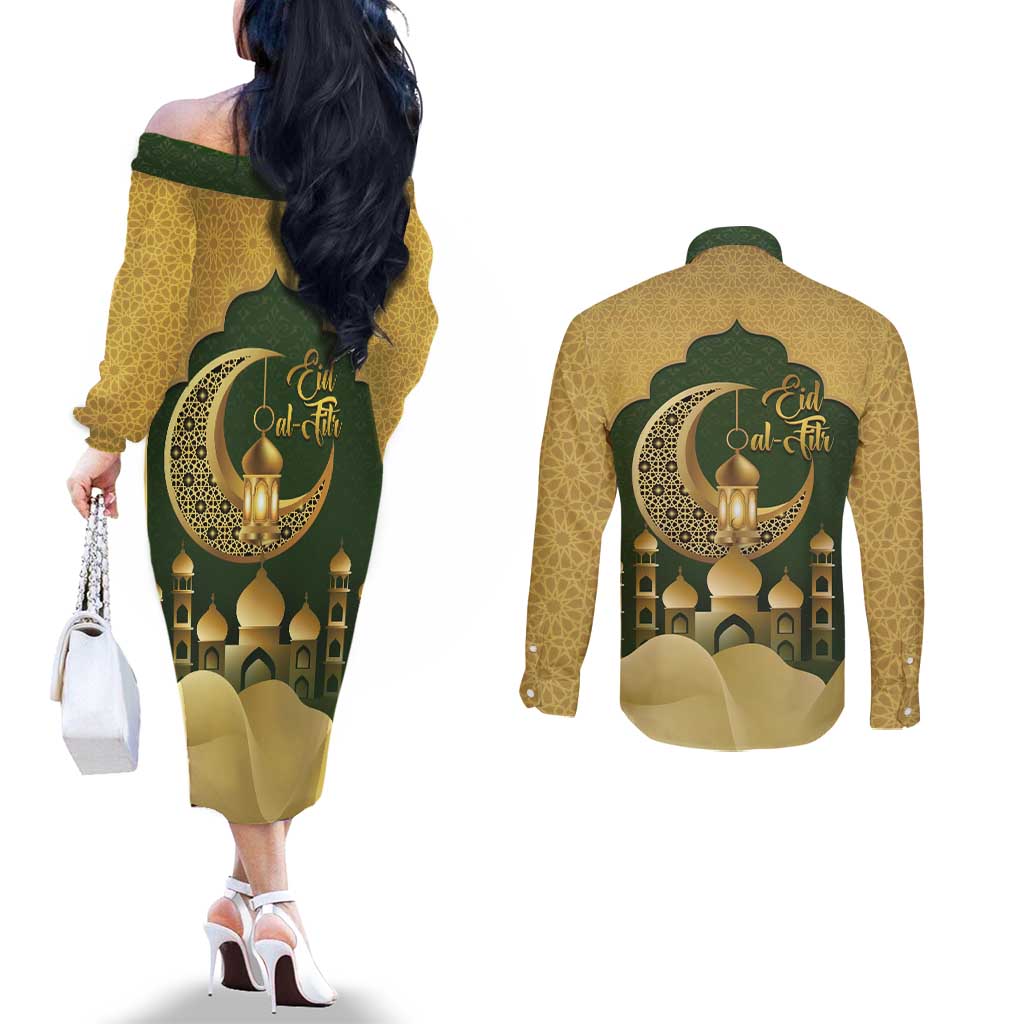 Eid al-Fitr Couples Matching Off The Shoulder Long Sleeve Dress and Long Sleeve Button Shirt Khair Mubarak Islamic Pattern