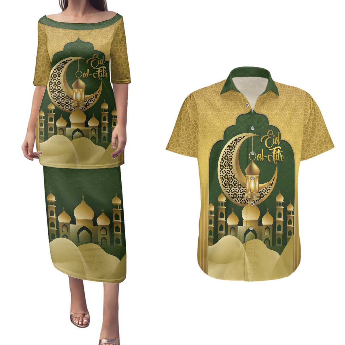Eid al-Fitr Couples Matching Puletasi and Hawaiian Shirt Khair Mubarak Islamic Pattern