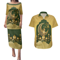 Eid al-Fitr Couples Matching Puletasi and Hawaiian Shirt Khair Mubarak Islamic Pattern