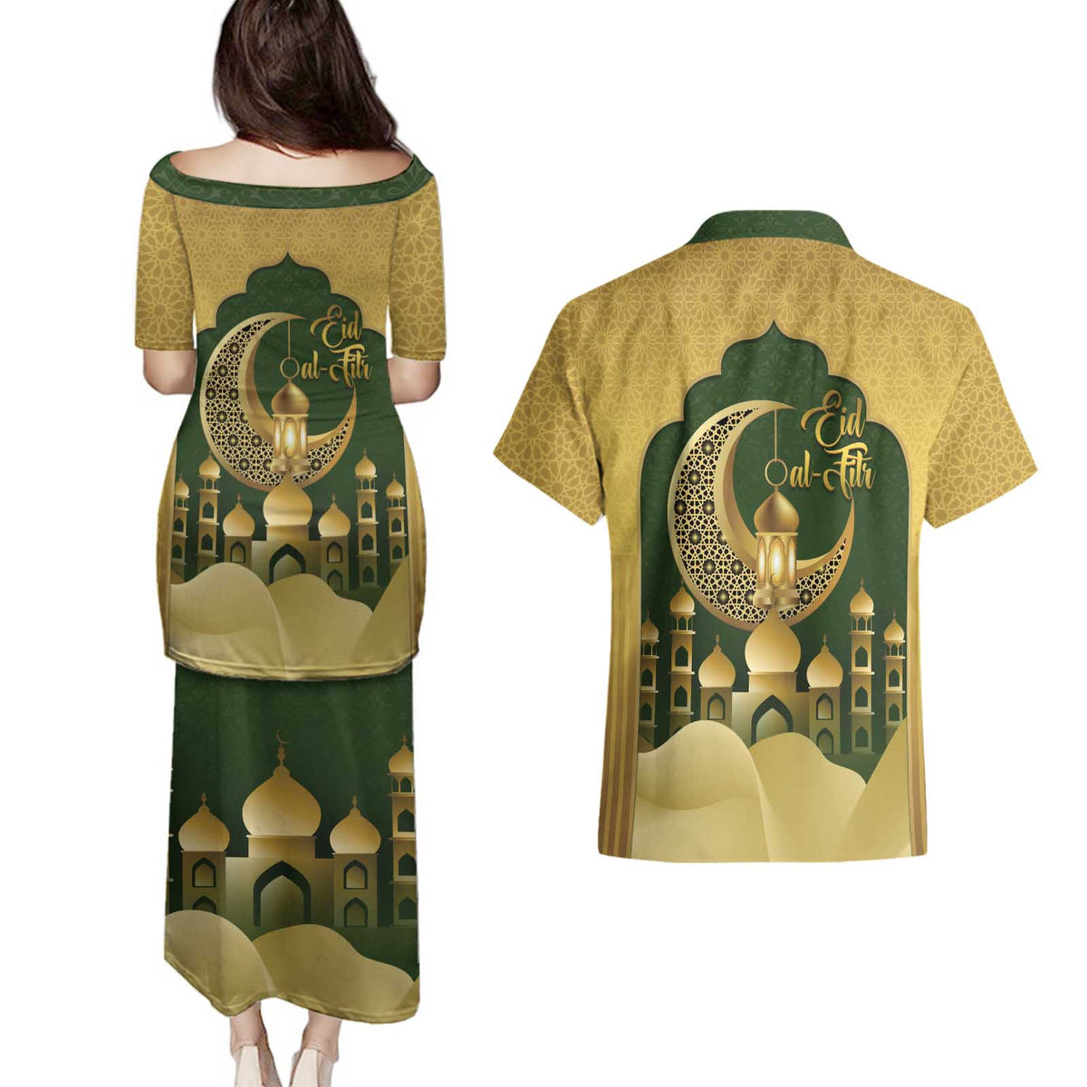 Eid al-Fitr Couples Matching Puletasi and Hawaiian Shirt Khair Mubarak Islamic Pattern