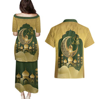 Eid al-Fitr Couples Matching Puletasi and Hawaiian Shirt Khair Mubarak Islamic Pattern