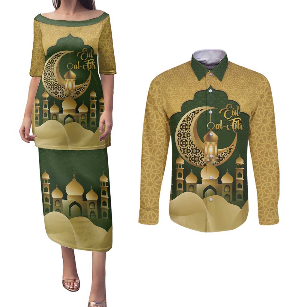 Eid al-Fitr Couples Matching Puletasi and Long Sleeve Button Shirt Khair Mubarak Islamic Pattern