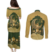 Eid al-Fitr Couples Matching Puletasi and Long Sleeve Button Shirt Khair Mubarak Islamic Pattern