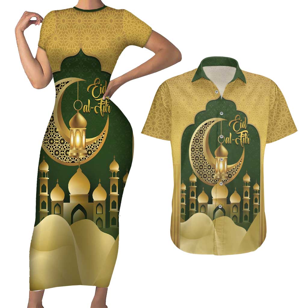 Eid al-Fitr Couples Matching Short Sleeve Bodycon Dress and Hawaiian Shirt Khair Mubarak Islamic Pattern