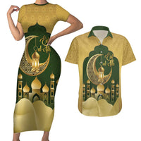 Eid al-Fitr Couples Matching Short Sleeve Bodycon Dress and Hawaiian Shirt Khair Mubarak Islamic Pattern