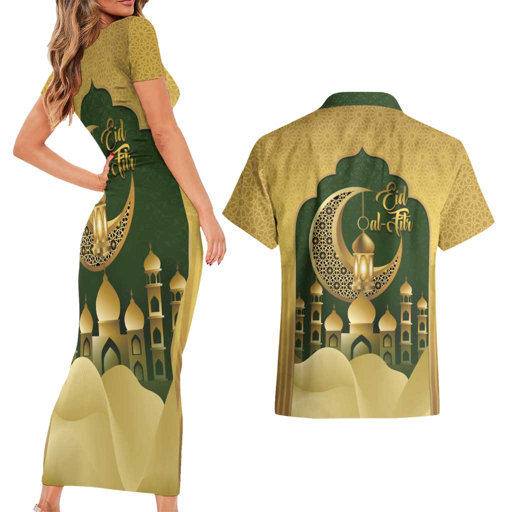Eid al-Fitr Couples Matching Short Sleeve Bodycon Dress and Hawaiian Shirt Khair Mubarak Islamic Pattern