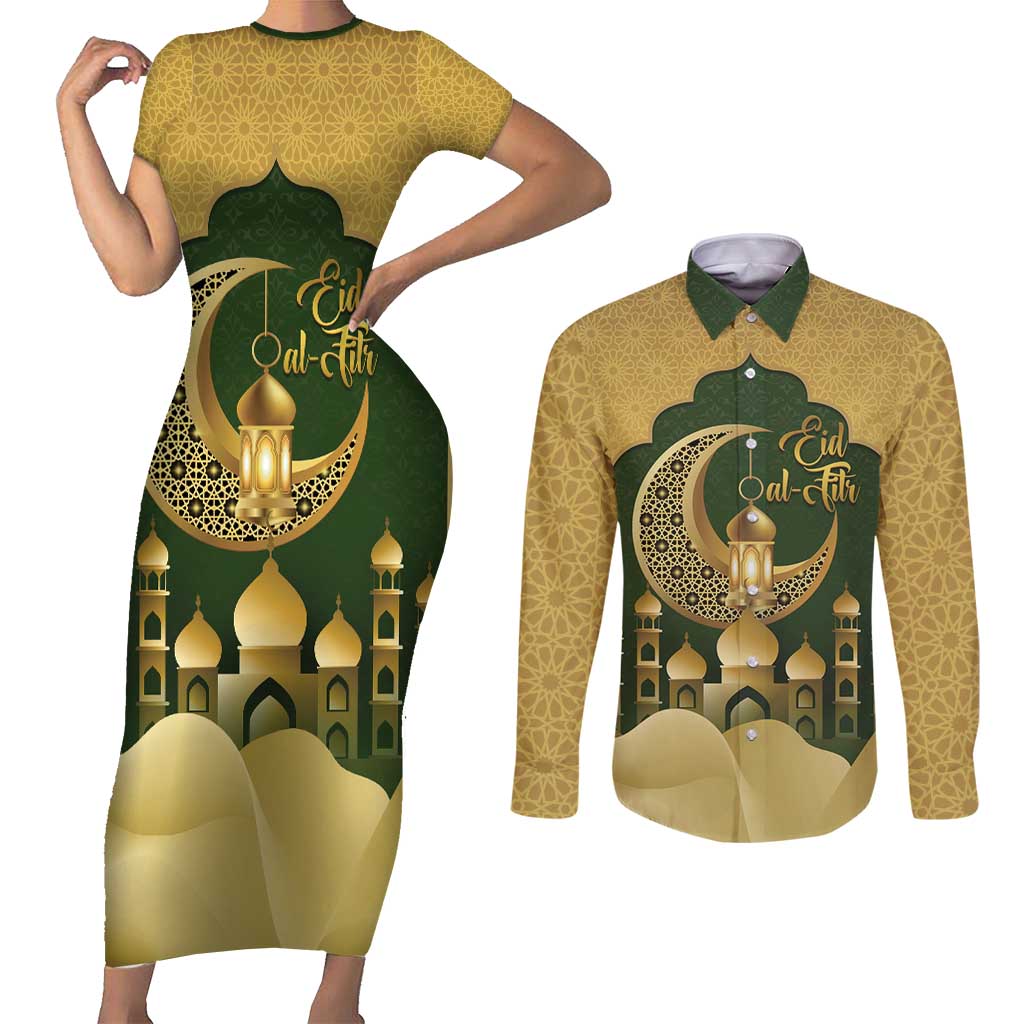Eid al-Fitr Couples Matching Short Sleeve Bodycon Dress and Long Sleeve Button Shirt Khair Mubarak Islamic Pattern