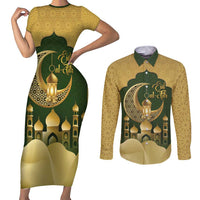 Eid al-Fitr Couples Matching Short Sleeve Bodycon Dress and Long Sleeve Button Shirt Khair Mubarak Islamic Pattern