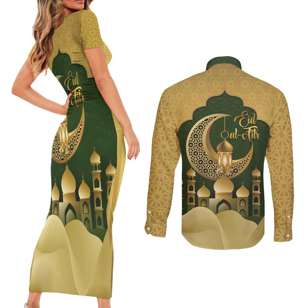 Eid al-Fitr Couples Matching Short Sleeve Bodycon Dress and Long Sleeve Button Shirt Khair Mubarak Islamic Pattern