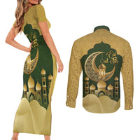 Eid al-Fitr Couples Matching Short Sleeve Bodycon Dress and Long Sleeve Button Shirt Khair Mubarak Islamic Pattern
