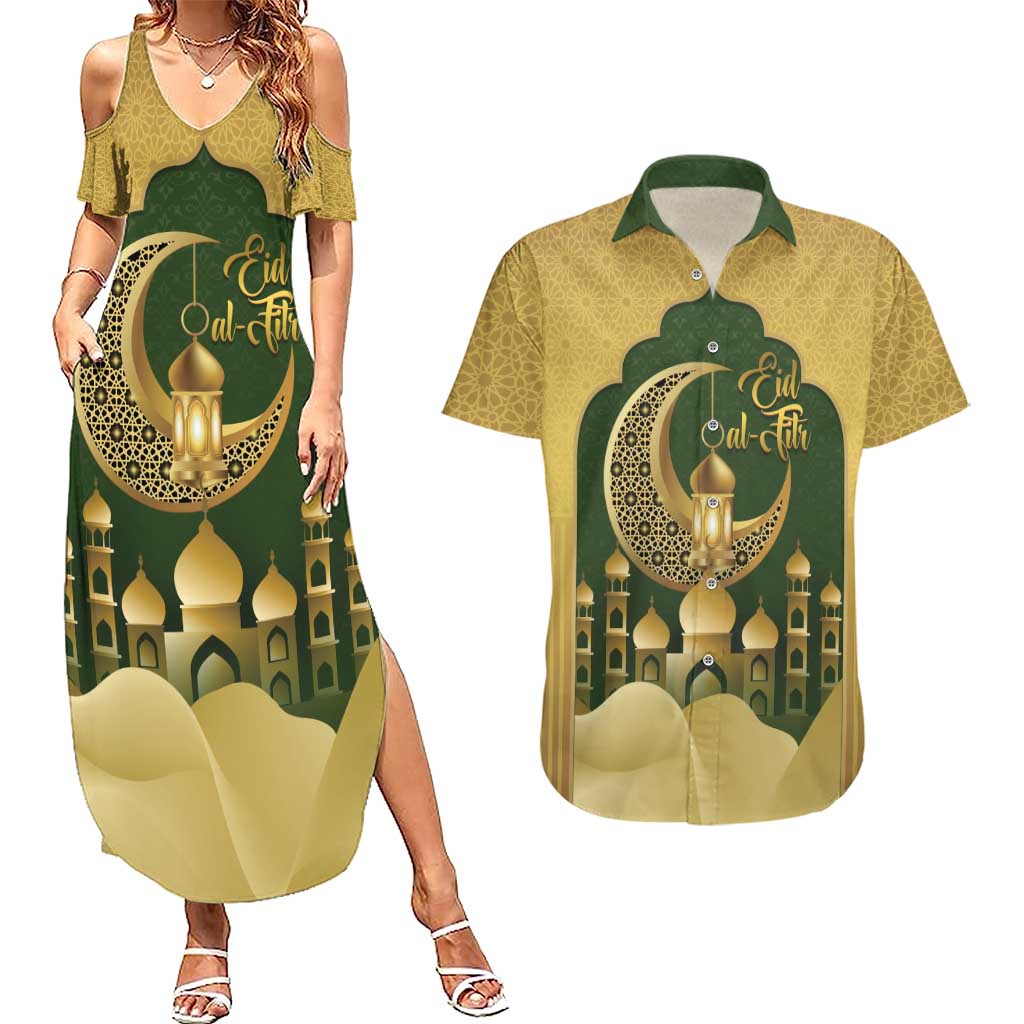 Eid al-Fitr Couples Matching Summer Maxi Dress and Hawaiian Shirt Khair Mubarak Islamic Pattern