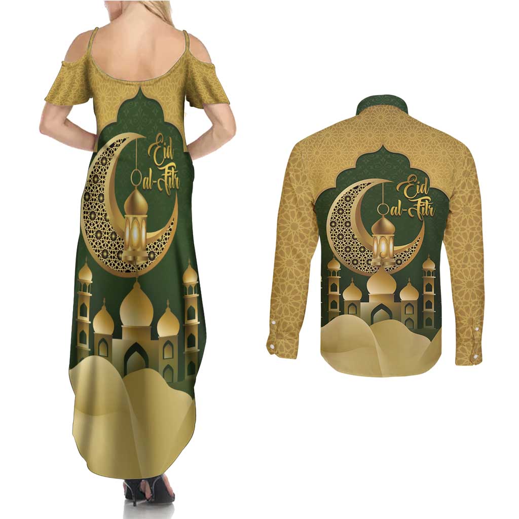 Eid al-Fitr Couples Matching Summer Maxi Dress and Long Sleeve Button Shirt Khair Mubarak Islamic Pattern