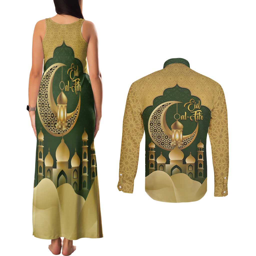 Eid al-Fitr Couples Matching Tank Maxi Dress and Long Sleeve Button Shirt Khair Mubarak Islamic Pattern