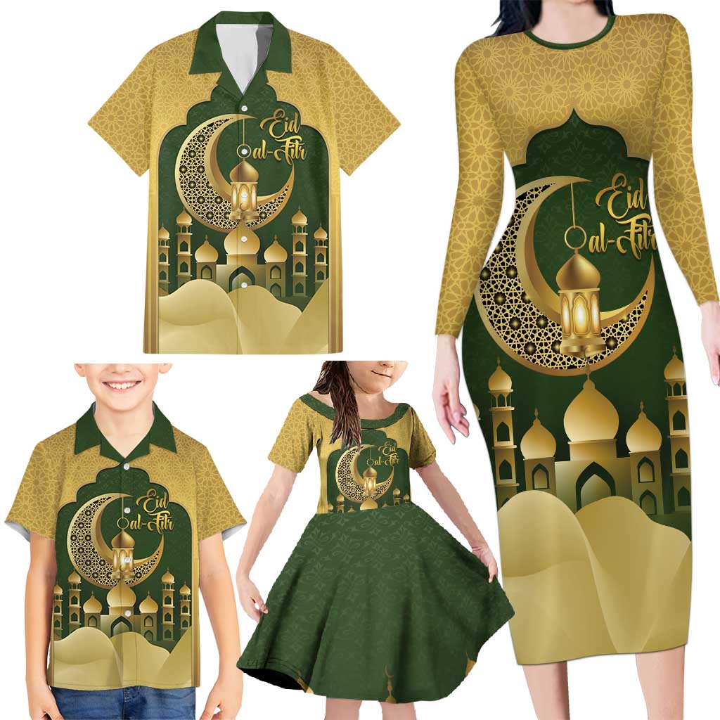 Eid al-Fitr Family Matching Long Sleeve Bodycon Dress and Hawaiian Shirt Khair Mubarak Islamic Pattern