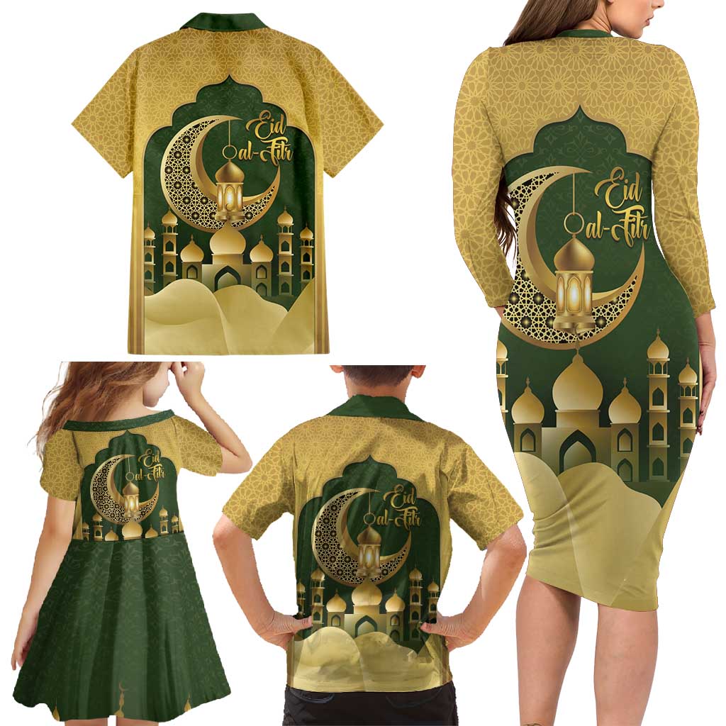 Eid al-Fitr Family Matching Long Sleeve Bodycon Dress and Hawaiian Shirt Khair Mubarak Islamic Pattern