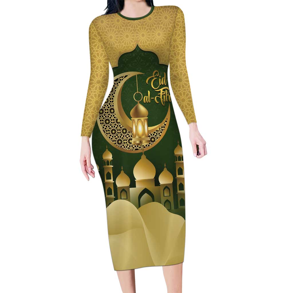 Eid al-Fitr Family Matching Long Sleeve Bodycon Dress and Hawaiian Shirt Khair Mubarak Islamic Pattern