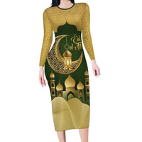Eid al-Fitr Family Matching Long Sleeve Bodycon Dress and Hawaiian Shirt Khair Mubarak Islamic Pattern
