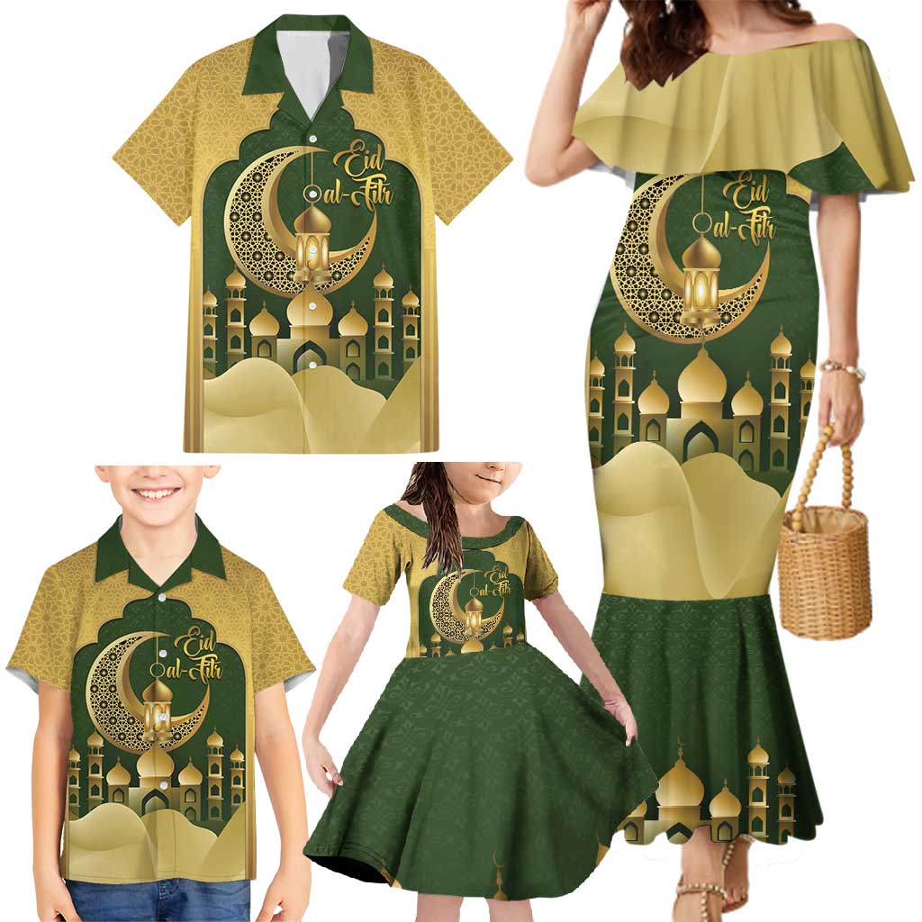 Eid al-Fitr Family Matching Mermaid Dress and Hawaiian Shirt Khair Mubarak Islamic Pattern