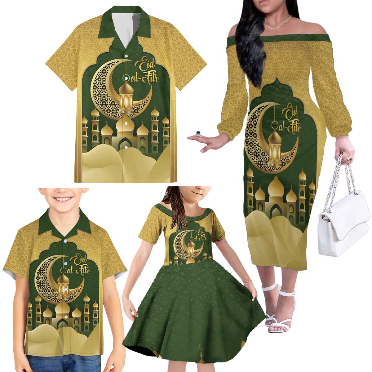 Eid al-Fitr Family Matching Off The Shoulder Long Sleeve Dress and Hawaiian Shirt Khair Mubarak Islamic Pattern