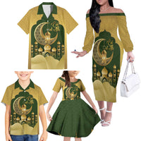 Eid al-Fitr Family Matching Off The Shoulder Long Sleeve Dress and Hawaiian Shirt Khair Mubarak Islamic Pattern