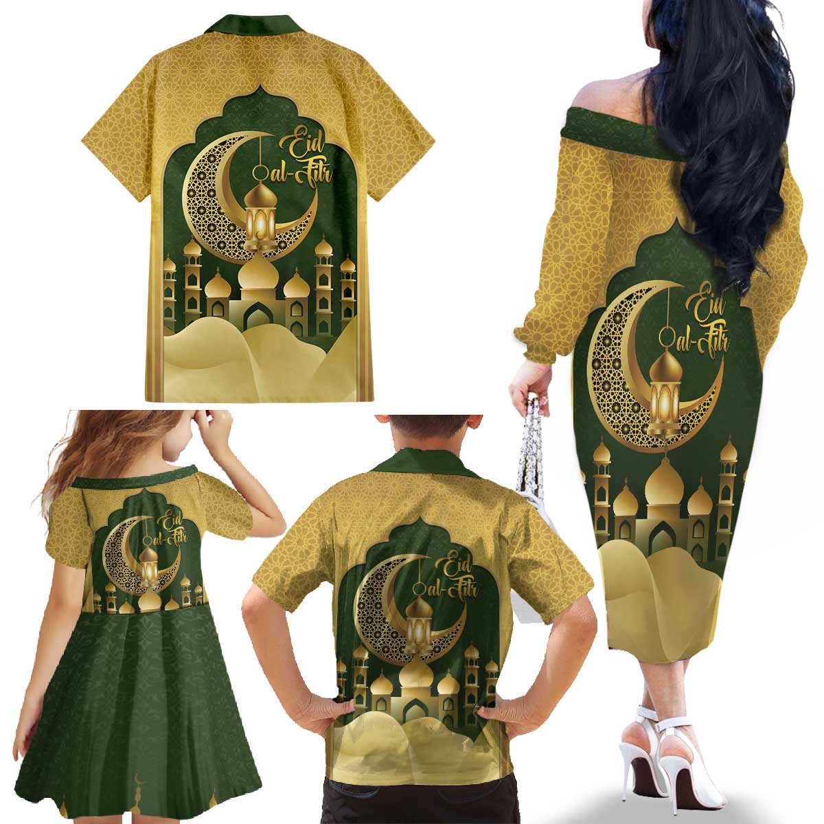 Eid al-Fitr Family Matching Off The Shoulder Long Sleeve Dress and Hawaiian Shirt Khair Mubarak Islamic Pattern