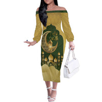 Eid al-Fitr Family Matching Off The Shoulder Long Sleeve Dress and Hawaiian Shirt Khair Mubarak Islamic Pattern