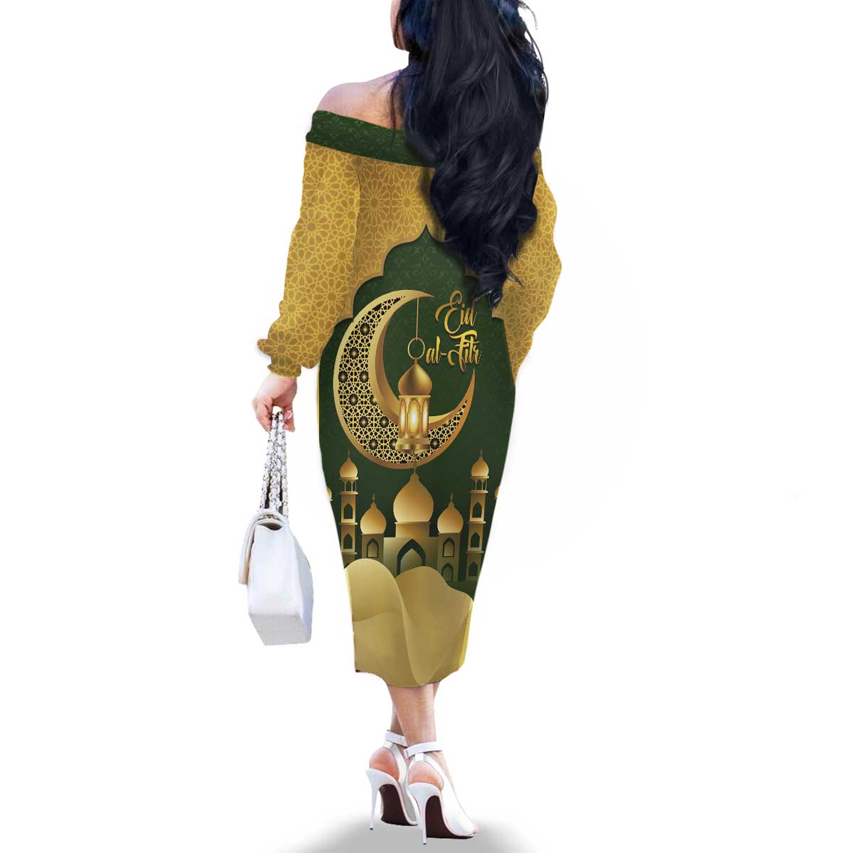 Eid al-Fitr Family Matching Off The Shoulder Long Sleeve Dress and Hawaiian Shirt Khair Mubarak Islamic Pattern