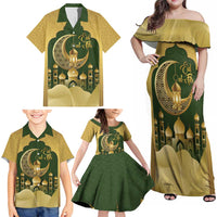 Eid al-Fitr Family Matching Off Shoulder Maxi Dress and Hawaiian Shirt Khair Mubarak Islamic Pattern