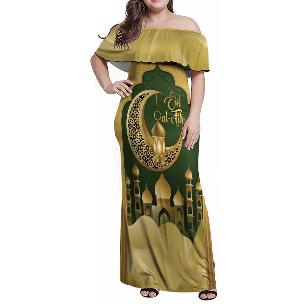 Eid al-Fitr Family Matching Off Shoulder Maxi Dress and Hawaiian Shirt Khair Mubarak Islamic Pattern