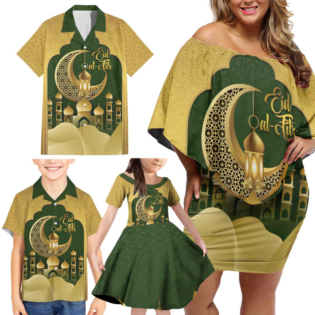 Eid al-Fitr Family Matching Off Shoulder Short Dress and Hawaiian Shirt Khair Mubarak Islamic Pattern