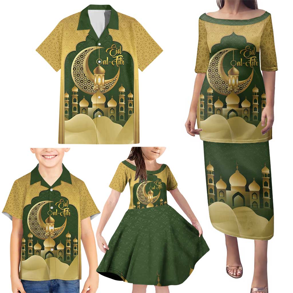 Eid al-Fitr Family Matching Puletasi and Hawaiian Shirt Khair Mubarak Islamic Pattern